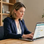 Femme professionnelle utilisant un webmail sécurisé sur son ordinateur portable dans un bureau à domicile moderne