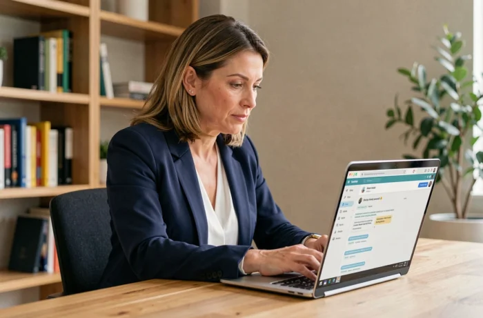 Femme professionnelle utilisant un webmail sécurisé sur son ordinateur portable dans un bureau à domicile moderne