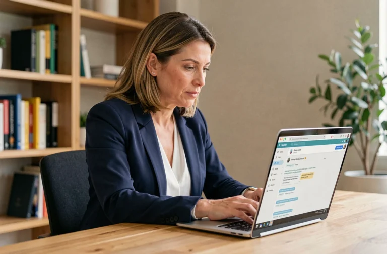 Femme professionnelle utilisant un webmail sécurisé sur son ordinateur portable dans un bureau à domicile moderne