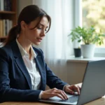 Femme française consultant un site de recherche d'emploi sur son ordinateur portable dans un bureau à domicile moderne