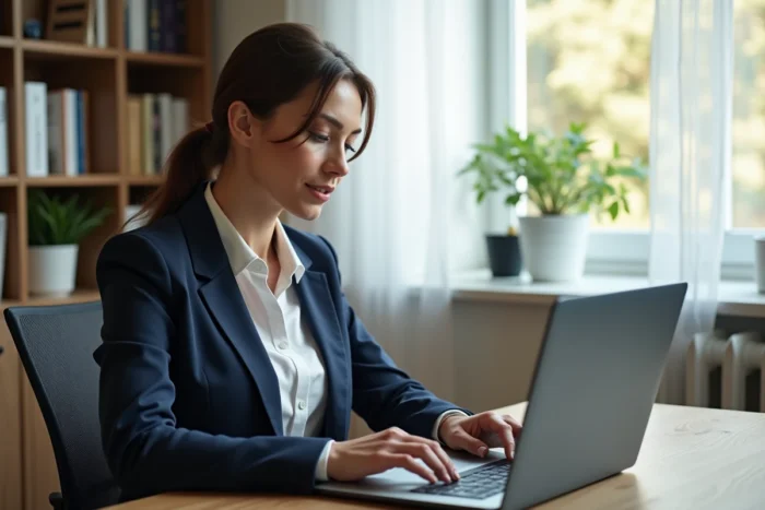 Femme française consultant un site de recherche d'emploi sur son ordinateur portable dans un bureau à domicile moderne