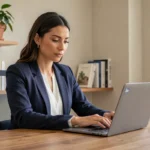 Femme professionnelle mettant à jour son profil LinkedIn sur un ordinateur portable dans un bureau à domicile moderne