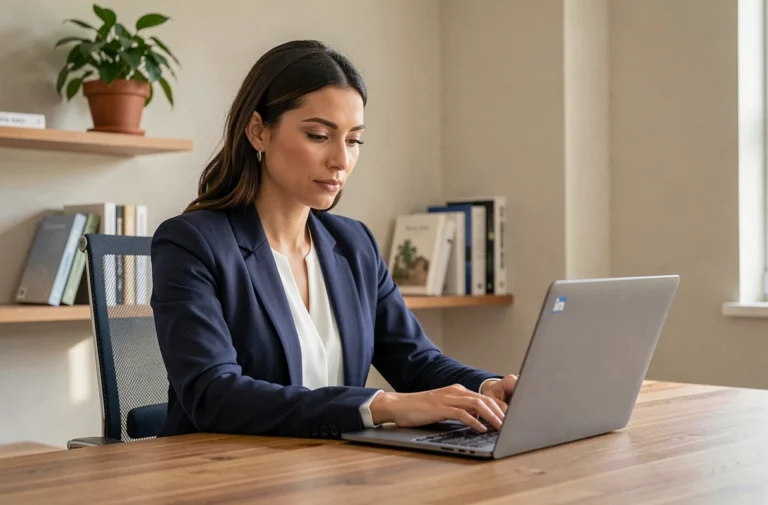 Femme professionnelle mettant à jour son profil LinkedIn sur un ordinateur portable dans un bureau à domicile moderne