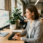 Femme professionnelle analysant des tableaux de bord de stratégie digitale sur un grand écran dans un espace de coworking moderne
