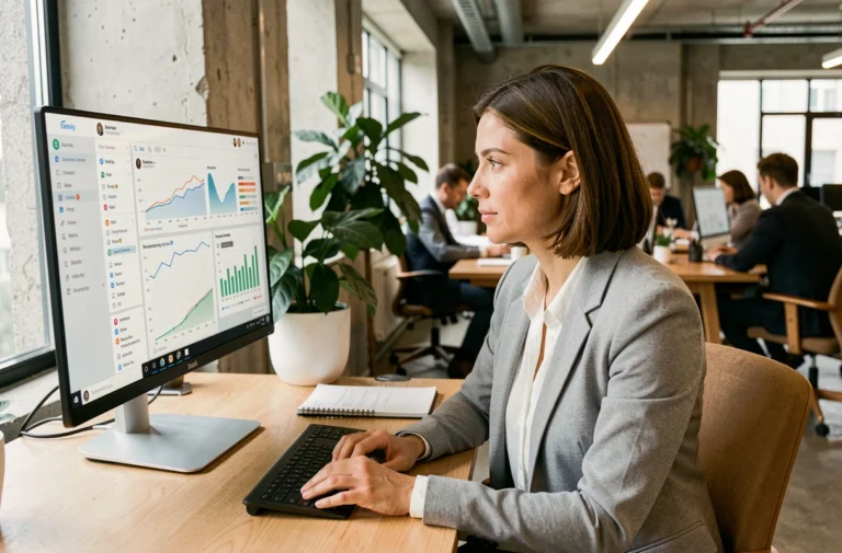 Femme professionnelle analysant des tableaux de bord de stratégie digitale sur un grand écran dans un espace de coworking moderne