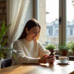 Femme utilisant l'application Rabbit Finder sur smartphone dans un appartement parisien moderne