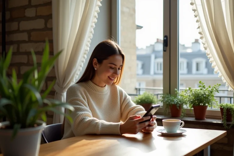 Femme utilisant l'application Rabbit Finder sur smartphone dans un appartement parisien moderne