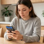 Jeune femme vérifiant sa consommation internet sur son smartphone Lyca Mobile depuis son appartement