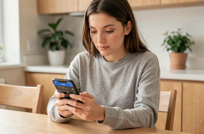Jeune femme vérifiant sa consommation internet sur son smartphone Lyca Mobile depuis son appartement
