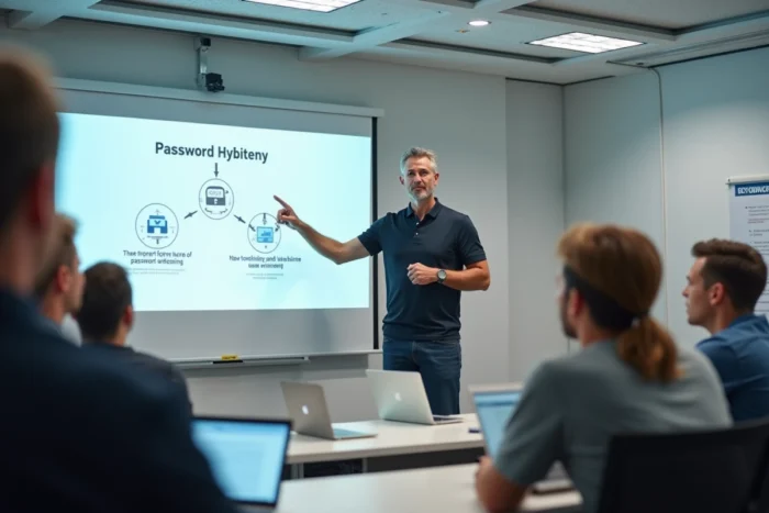 Un formateur en cybersécurité animant une session de formation certifiante pour TPE dans une salle de formation moderne