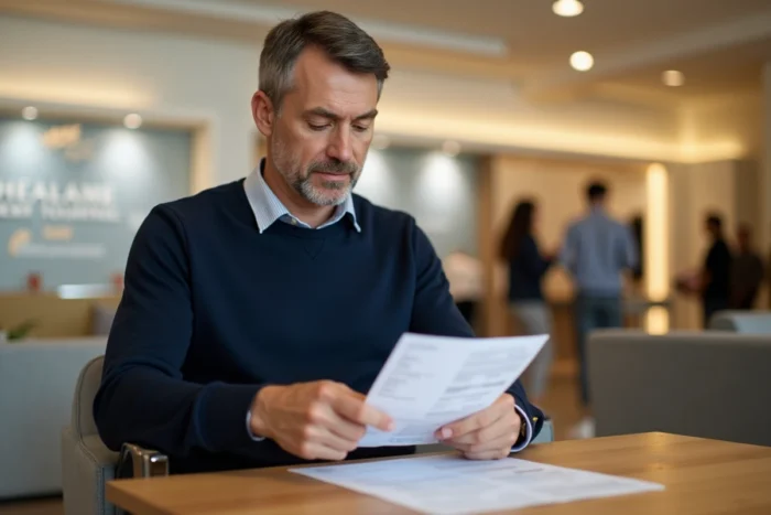 Client vérifiant un ticket de caisse et un formulaire de remboursement en magasin