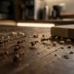 Fourmis envahissant un plan de travail en bois dans une cuisine la nuit, attirées par des miettes de pain