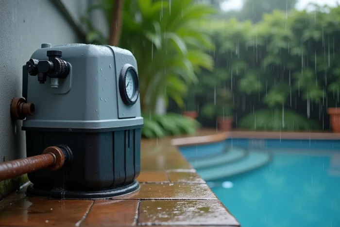 Gros plan sur une pompe de piscine mouillée sous la pluie avec détails des connexions électriques