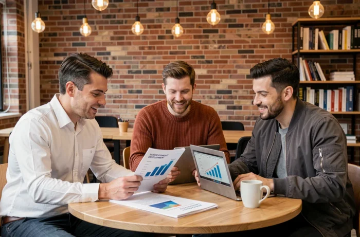 Groupe d'entrepreneurs en réunion collaborative autour de guides business dans un espace de coworking