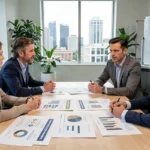 Groupe de professionnels diversifiés analysant des graphiques illustrant des disparités économiques et sociales autour d'une table de conférence
