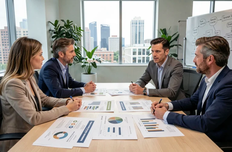 Groupe de professionnels diversifiés analysant des graphiques illustrant des disparités économiques et sociales autour d'une table de conférence
