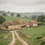Vue d'un hameau rural français composé de quelques maisons en pierre regroupées dans un paysage de prairies verdoyantes