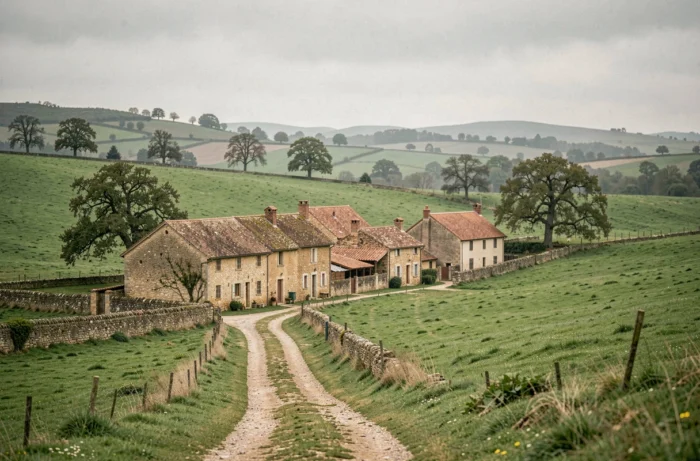 Vue d'un hameau rural français composé de quelques maisons en pierre regroupées dans un paysage de prairies verdoyantes