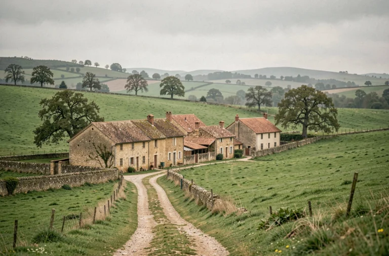 Vue d'un hameau rural français composé de quelques maisons en pierre regroupées dans un paysage de prairies verdoyantes