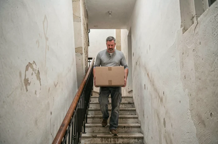 Homme portant un carton lourd dans l'escalier d'un appartement lors d'un déménagement