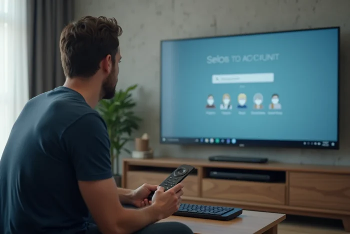 Homme configurant la connexion Gmail sur un téléviseur intelligent monté au mur
