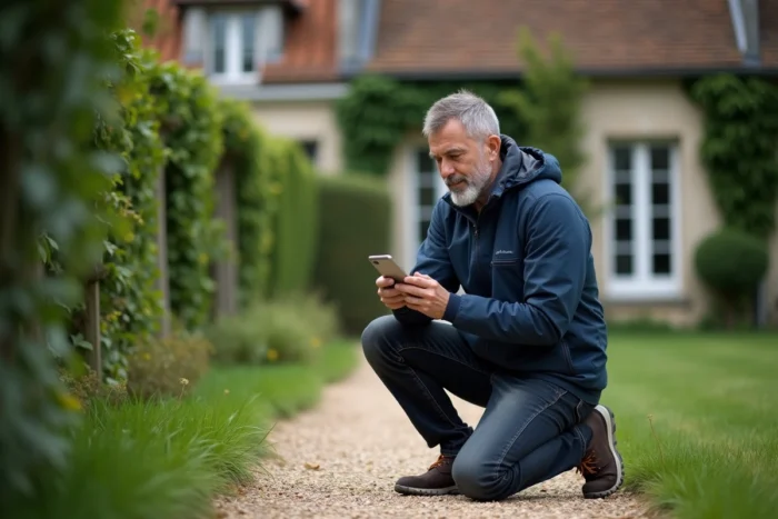 Homme consultant Rabbit Finder sur smartphone dans un jardin de maison française en banlieue