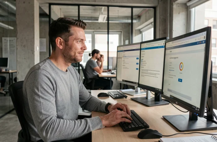 Homme en espace de coworking configurant les paramètres de sécurité de son webmail sur deux écrans