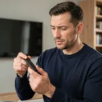 Homme tenant un Mi TV Stick devant un téléviseur dans un salon moderne