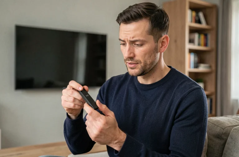 Homme tenant un Mi TV Stick devant un téléviseur dans un salon moderne