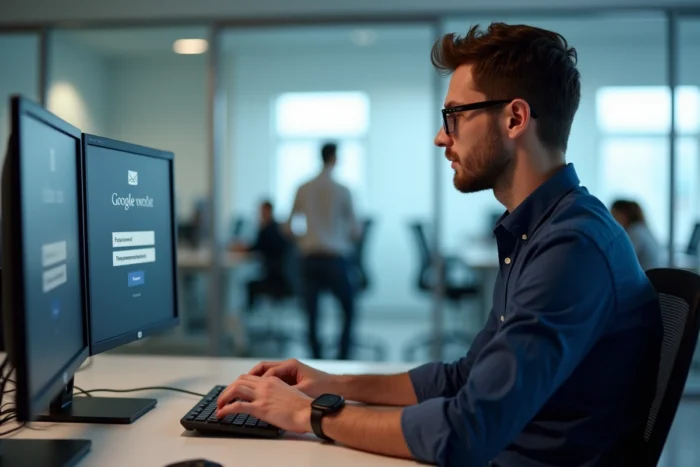 Homme au bureau réinitialisant son mot de passe sur une messagerie professionnelle depuis un poste de travail