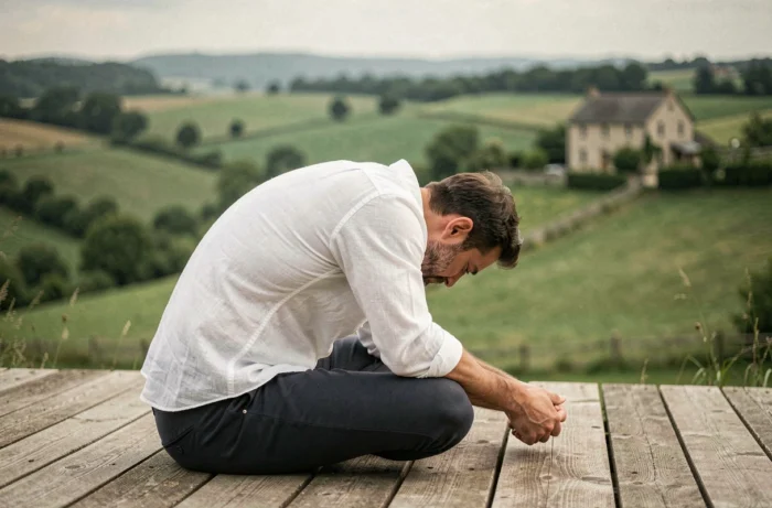 Homme pratiquant une posture de yoga en plein air sur une terrasse en bois face à un paysage de campagne française