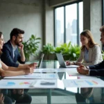 Une équipe de professionnels diversifiés discutant de stratégies de croissance innovantes autour d'une table de conférence moderne