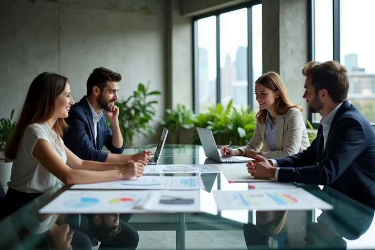 Une équipe de professionnels diversifiés discutant de stratégies de croissance innovantes autour d'une table de conférence moderne