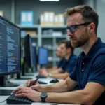 Ingénieur en salle de contrôle industrielle analysant des codes EPA et AI sur un écran de base de données pour Air Liquide