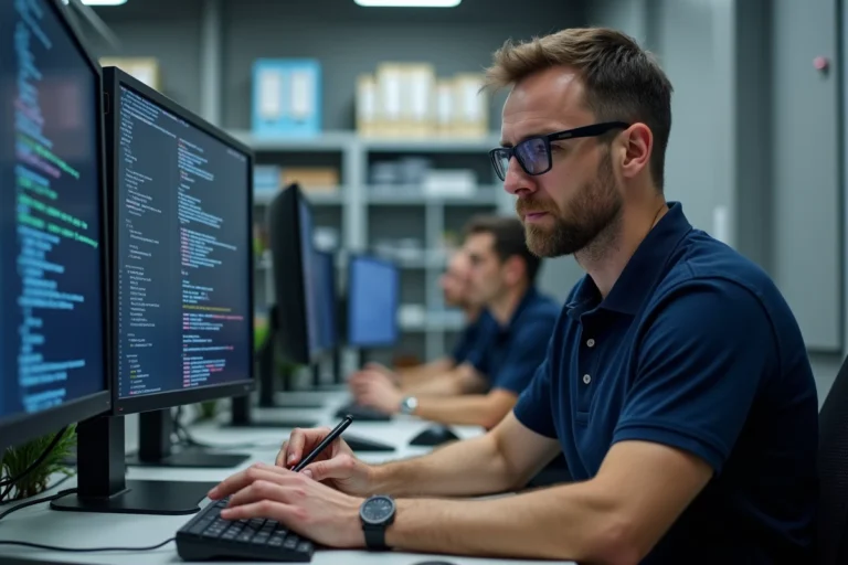 Ingénieur en salle de contrôle industrielle analysant des codes EPA et AI sur un écran de base de données pour Air Liquide