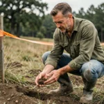 Homme inspectant la qualité du sol sur un terrain rural pour un projet de vie en autonomie
