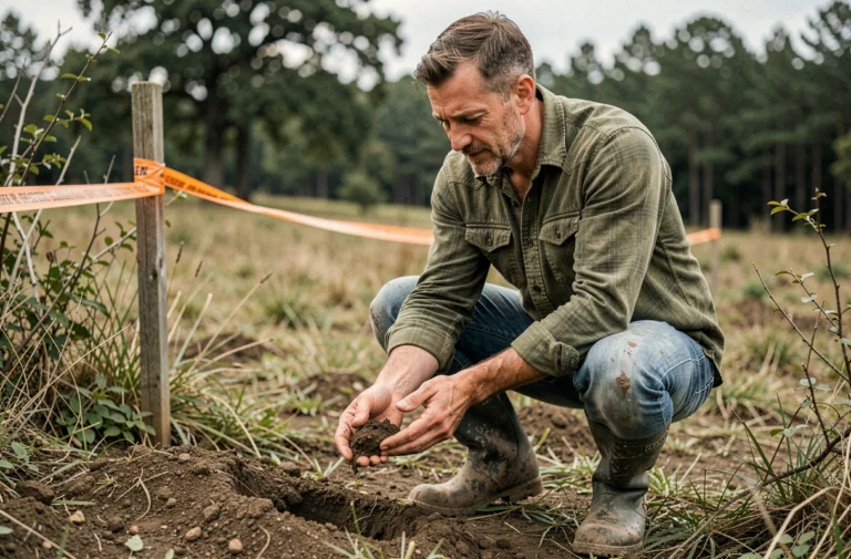 Homme inspectant la qualité du sol sur un terrain rural pour un projet de vie en autonomie