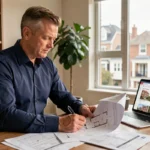 Investisseur immobilier analysant des plans et documents financiers dans un bureau moderne