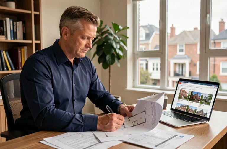 Investisseur immobilier analysant des plans et documents financiers dans un bureau moderne