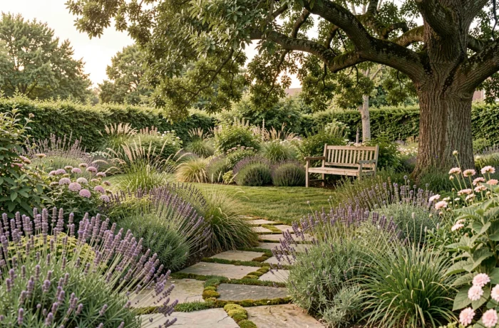 Jardin paysager résidentiel avec allée en pierre courbe, lavandes et banc en bois sous un chêne