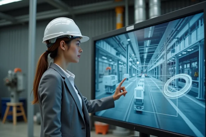Une ingénieure industrielle devant un écran de jumeau numérique dans une usine moderne destiné aux PME industrielles