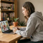 Jeune femme lisant des scans manga en ligne sur son ordinateur portable dans un bureau cosy entouré de volumes manga