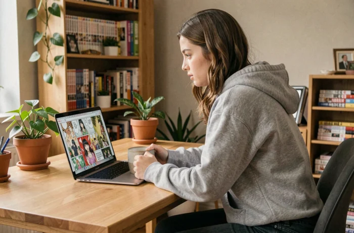 Jeune femme lisant des scans manga en ligne sur son ordinateur portable dans un bureau cosy entouré de volumes manga