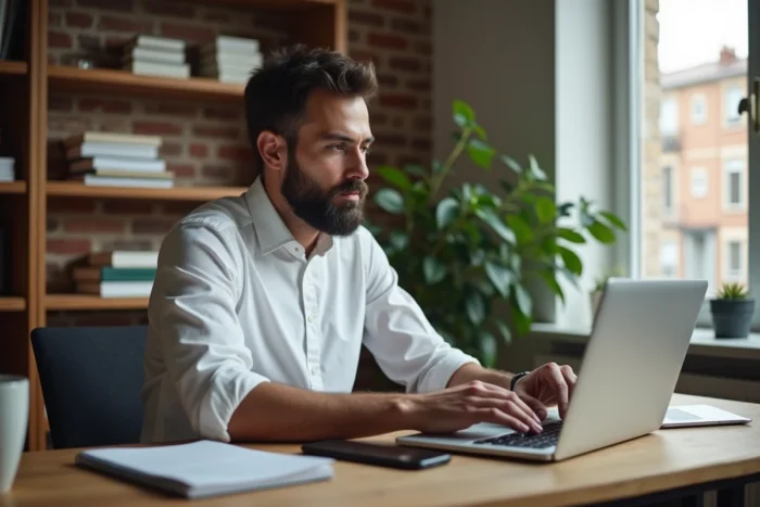 Manager en télétravail utilisant une plateforme ERP cloud sur son ordinateur portable dans un bureau à domicile