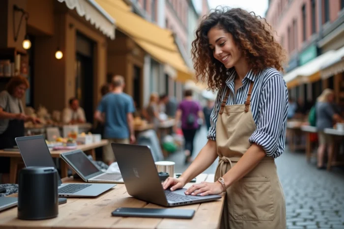 Une jeune femme arrangeant des produits reconditionnés sur un stand de marché urbain dans le cadre d'une marketplace en circuit court