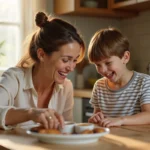 Mère bienveillante et son fils partageant un moment de complicité dans une cuisine familiale chaleureuse