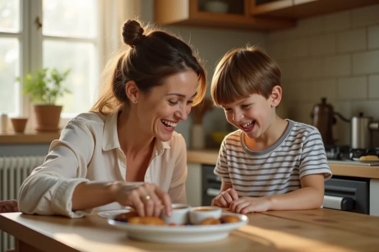 Mère bienveillante et son fils partageant un moment de complicité dans une cuisine familiale chaleureuse
