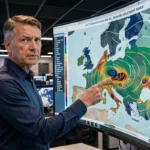 Météorologue analysant les modèles GFS et Euro sur écran dans un centre de prévision météorologique moderne