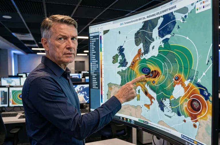 Météorologue analysant les modèles GFS et Euro sur écran dans un centre de prévision météorologique moderne