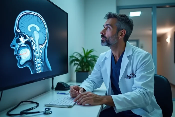 Neurologue examinant une IRM cérébrale pour diagnostiquer un trouble neurologique causant une perte d'équilibre